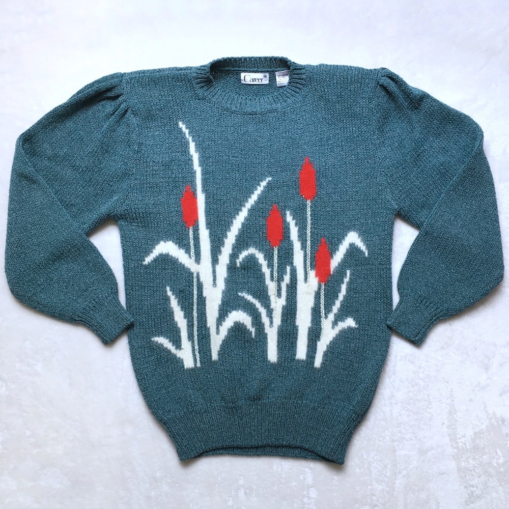 80s Vintage Teal Green Cattail Graphic Sweater